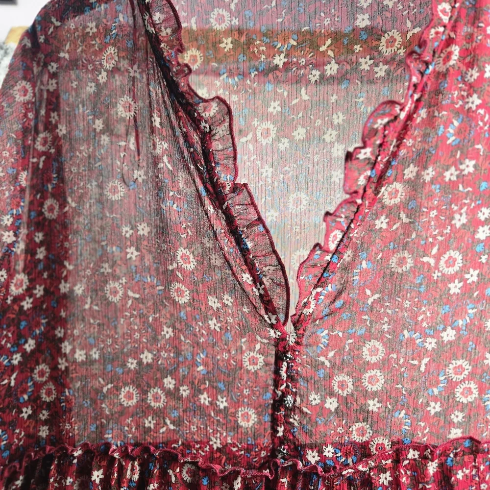 Zara Red Floral V-Neck Long Sleeve Semi Sheer Tiered Mini Babydoll Dress XL - Picture 7 of 16
